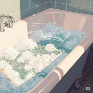 An artistic illustration featuring a bathtub filled with bubbles and a subtle outline of a book, symbolizing the joy of "bathtub books."