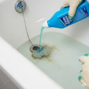 A bottle of chemical drain cleaner being poured into a bathtub to address a slow drain.