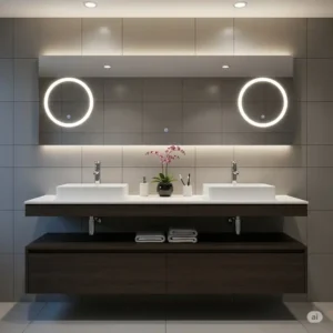 A 32-inch bathroom vanity with two separate sinks, ideal for a couple's bathroom.