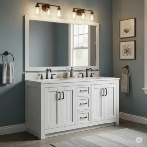 A farmhouse-style 48-inch double sink bathroom vanity with a shiplap base and an undermount sink, perfect for a rustic or coastal bathroom design.