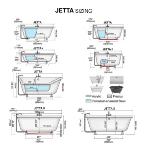 Technical diagram showing various dimensions and sizing options available for Jetta bathtubs to fit diverse spaces.