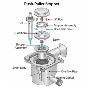 Diagram explaining the operation of a push-pull bathtub drain stopper, showing the simple up-and-down movement for draining or sealing.
