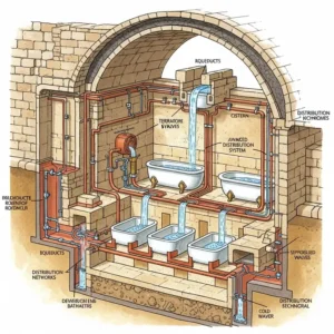 Technical illustration detailing the advanced plumbing systems that supplied water to Roman bathtubs and baths.