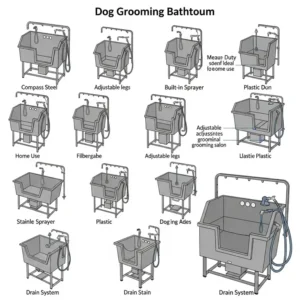 An illustration showcasing various sizes and materials of dog grooming bathtubs, from portable to heavy-duty.