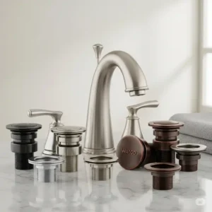"Collection of watco bathtub drains showcasing various finishes like chrome, brushed nickel, and oil-rubbed bronze, to match any bathroom decor."