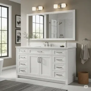 Bright white 55 inch bathroom vanity, ideal for creating a fresh and airy bathroom aesthetic.