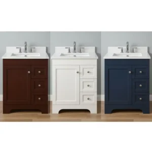 A side-by-side comparison of a 32-inch bathroom vanity in different colors like espresso, white, and navy blue.