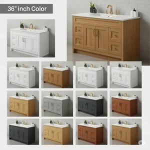 "Swatches illustrating popular color options for a 36 inch bathroom vanity, ranging from classic white and grey to natural wood tones and bold contemporary hues."
