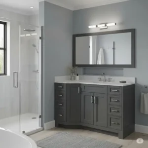 Visual example of a 42 inch bathroom vanity optimally placed in a corner, maximizing space in a unique bathroom configuration.
