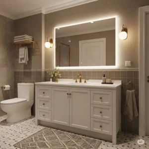 A beautifully staged bathroom featuring a functional and stylish 48-inch bathroom vanity as the central focal point.