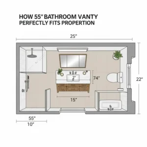 Illustration demonstrating how a 55 inch bathroom vanity perfectly fits into a medium-sized bathroom layout.