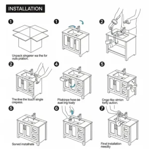 A step-by-step illustration demonstrating the installation process for a 60 inch bathroom vanity single sink, emphasizing ease of setup.