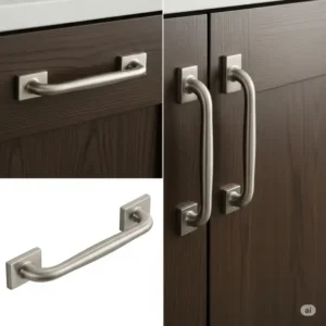 Close-up view of the brushed nickel hardware on a 72-inch bathroom cabinet, highlighting design details.