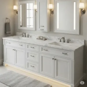 Luxurious 72-inch bathroom vanity featuring a stunning white marble countertop and undermount sinks.