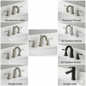 Assortment of compatible faucet styles and finishes for a 72 inch bathroom vanity single sink, ranging from widespread to single-hole designs.