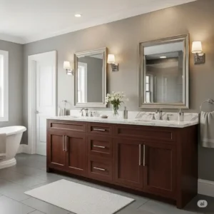 A grand 84-inch bathroom vanity perfectly fitted into a spacious master bathroom, demonstrating its ideal scale for larger areas.