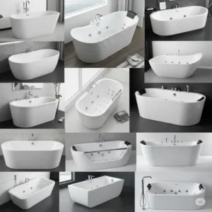 A collage or array of various modern and unique bathtub shapes and styles, specifically showcasing the design versatility and customizable options available with acrylic bathtubs, a key differentiator in cast iron vs acrylic bathtub.