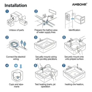 Step-by-step graphic depicting the straightforward installation process for an Ambohr electric bathtub.