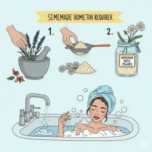 A luxurious illustration of bathtub powder alongside candles, loofahs, and other spa elements, creating an inviting and tranquil bath time atmosphere.