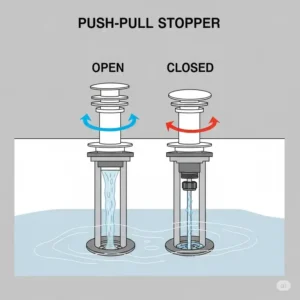 "Simplified illustration demonstrating the operation of a push-pull bathtub drain parts stopper, indicating its open and closed positions."