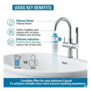 Infographic illustrating the key benefits of using a water filter for bathtub faucet, including improved skin health and chlorine reduction.