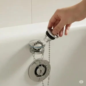 Image depicting a classic chain and stopper bathtub drain, illustrating its traditional design and how the rubber stopper is manually placed.