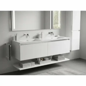 A contemporary 48-inch double sink bathroom vanity with floating cabinets and a sleek, polished look, creating a sense of spaciousness in a modern bathroom.