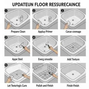 Step-by-step illustration of DIY bathtub floor resurfacing, showing how to update and restore its appearance.