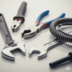 An assortment of common tools used to fix a bathtub that's not draining, such as a wrench, pliers, and a snake.