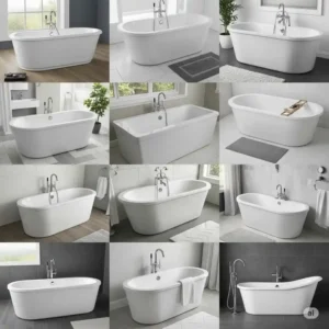 Collage or array of various Fleurco bathtubs styles and shapes, including oval, rectangular, and slipper designs, highlighting the diverse options available for different bathroom layouts.