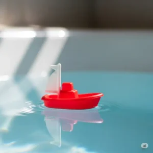 A close-up view of a small, red boat bathtub toy gracefully floating on the surface of the water.