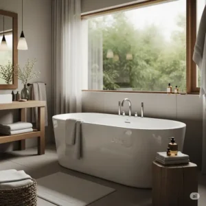 Serene spa-like bathroom environment featuring a Jetta bathtub, evoking feelings of peace and luxury.