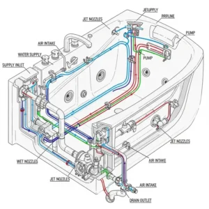 Schematic of the internal plumbing and pipe system of a jetted bathtub, highlighting water flow paths.