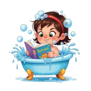  A playful illustration of a child enjoying a "bathtub book" in a small tub, showcasing the versatility of reading time.