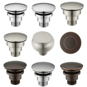 A display of various material finishes available for bathtub overflow drain covers, such as polished chrome, brushed nickel, and oil-rubbed bronze.