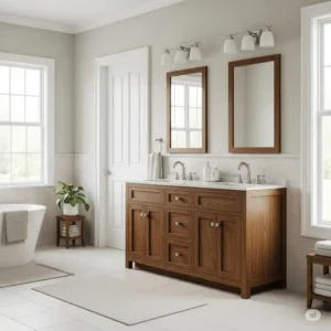 Well-designed 60 inch bathroom vanity placed efficiently in a spacious bathroom layout, maximizing utility and aesthetics.
