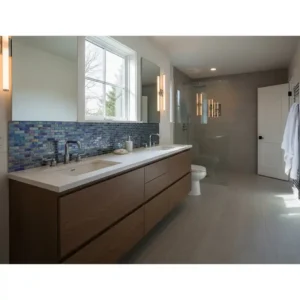 "A spacious, beautifully designed bathroom showcasing a prominent 72 inch bathroom vanity double sink as the focal point."