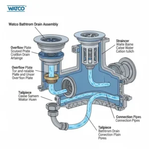 "A watco bathtub drain assembly including the overflow plate, illustrating its complete system for safe and reliable bathtub drainage."