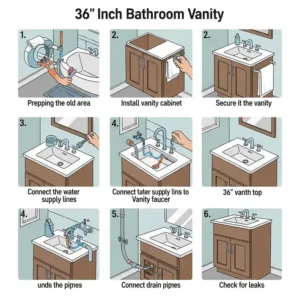 "Simplified step-by-step illustration demonstrating key stages of installing a 36 inch bathroom vanity, providing a visual guide for DIY enthusiasts."