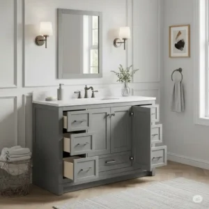 Stylish 42 inch bathroom vanity in a sophisticated grey finish, offering a contemporary touch to any bathroom renovation.