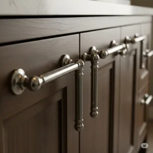 Close-up of the premium hardware on a 48-inch bathroom vanity, showcasing the quality and design of the handles or knobs.