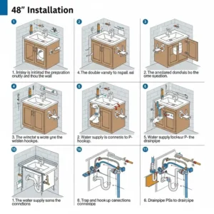 A step-by-step illustration demonstrating the proper installation of a 48 inch double sink bathroom vanity, including plumbing hookups and securing the unit to the wall.