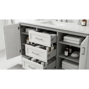Interior view of a 55 inch bathroom vanity showcasing organized drawers and shelving for optimal storage.