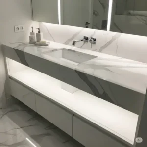 A luxurious 60 inch bathroom vanity single sink set into a beautiful white marble countertop, perfect for an upscale bathroom design.