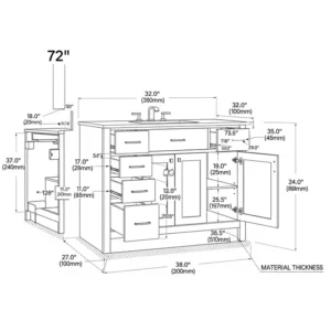 Technical diagram showing the precise dimensions of a 72-inch bathroom cabinet, ideal for planning and installation.