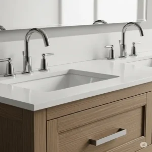 "Close-up of modern chrome faucets and hardware on a 72 inch bathroom vanity double sink, highlighting quality finishes."