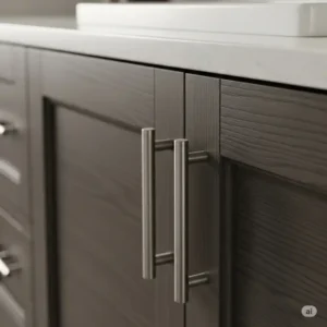 Close-up of premium brushed nickel hardware on a high-quality 72-inch bathroom vanity, highlighting craftsmanship.