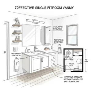 Conceptual drawing demonstrating how a 72 inch bathroom vanity single sink can be effectively integrated into a larger small bathroom or powder room layout, maximizing space.