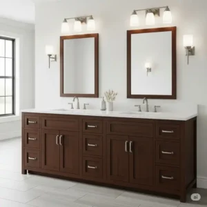 Comfort-height 84-inch bathroom vanity designed for ergonomic use, providing convenience and accessibility in a spacious bathroom setting.
