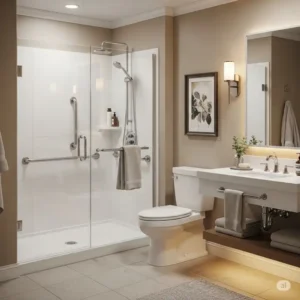 "Bathroom featuring a 3 piece bathtub surround with accessibility features (e.g., grab bars, low threshold)."